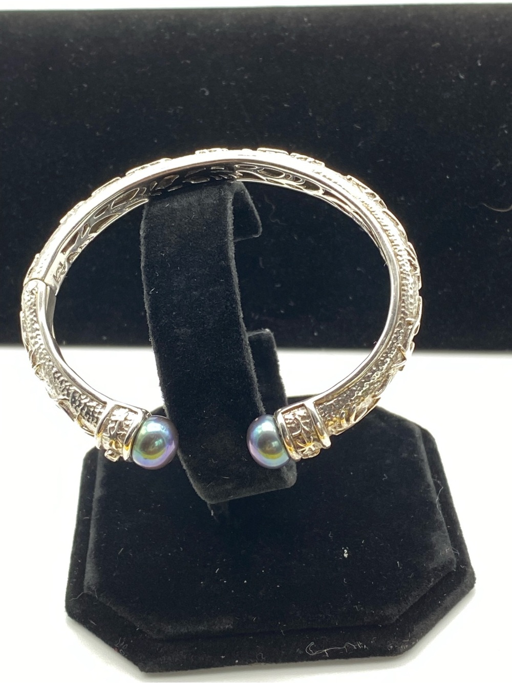 Sterling Filigree Hinged Bypass Split Cuff Bracelet with Peacock Pearl Tips